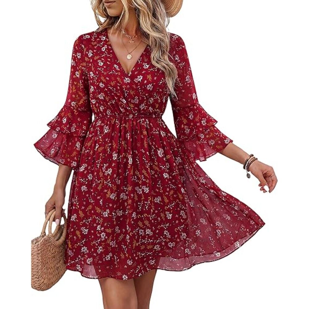 Women's Multi Red V Neck A Line 3/4 Ruffle Sleeve A Line Mini Dress